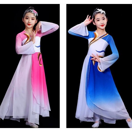 Girls kids blue fuchsia gradient Chinese folk Classical dance costumes modern Chinese umbrella fan fairy princess dance performance clothes hanfu solo long dress